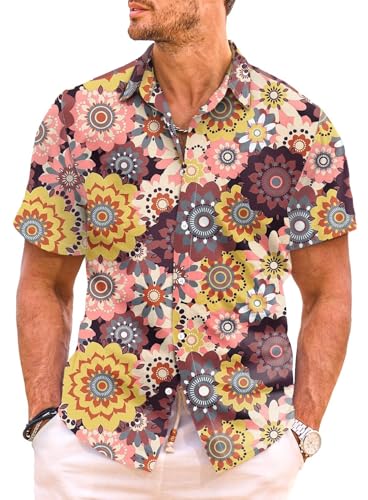 Meilicloth Hippie Hemd Herren Kurzarm Sommer 70er Jahre Hemden Blumen Floral Hawaiihemd Freizeithemd Kurz Party Disco Paisley Urlaub Strand Hawaii Shirt Männer Faltenfrei A Braun S von Meilicloth