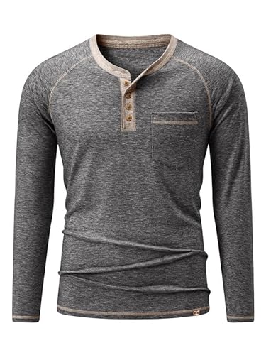 Meilicloth Langarmshirt Herren Baumwolle Henley T-Shirt Hemd Taste Knopfleiste mit Taschen Grau 2XL von Meilicloth