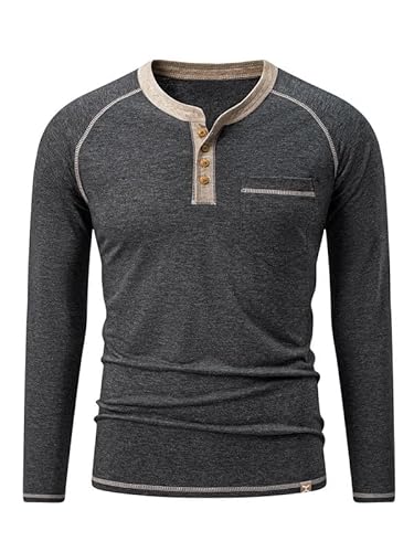 Meilicloth Langarmshirt Herren Baumwolle Henley T-Shirt Hemd Taste Knopfleiste mit Taschen Schwarz 2XL von Meilicloth