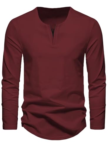 Meilicloth Langarmshirts Herren T Shirt V-Ausschnitt Langarm Shirt Herren Oberteile Baumwolle Longsleeve Freizeit Pullover Basic Sweatshirt Soft Herbst Winter Mode A Rot XL von Meilicloth
