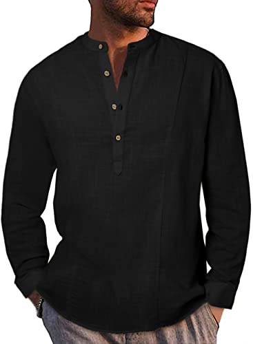 Meilicloth Hemd Herren Henley Shirt Baumwolle Frühling Sommer Langarm T-Shirts Freizeithemd Regular Fit Casual Schwarz XL von Meilicloth