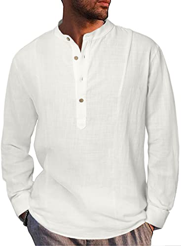 Meilicloth Hemd Herren Henley Shirt Baumwolle Frühling Sommer Langarm T-Shirts Freizeithemd Regular Fit Casual Weiß M von Meilicloth