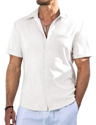 Meilicloth Leinenhemd Herren Hemd Kurzarm Hawaiihemd Button Down Regular Fit Freizeithemd Casual Strand Sommerhemd Shirt Casual Mode Party Strand Weiß L von Meilicloth