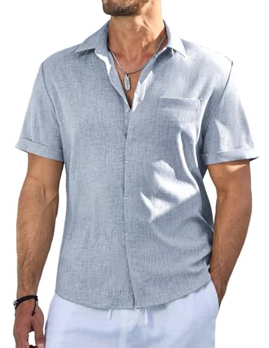 Meilicloth Leinenhemd Herren Hemd Kurzarm Hawaiihemd Freizeithemd Regular fit Casual Strand Sommerhemd Shirt Casual Mode Party Strand Blau-1 L von Meilicloth