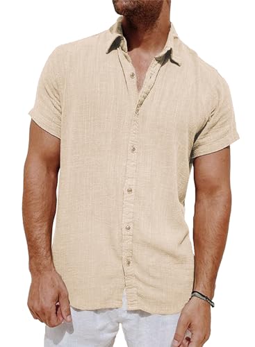 Meilicloth Leinenhemd Herren Hemd Kurzarm Sommer Hemden Freizeithemden Männer Regular Fit Button Down Shirt Beige 2XL von Meilicloth