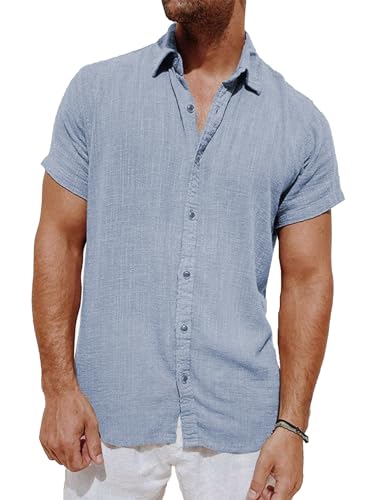 Meilicloth Sommerhemd Herren Kurzarm Leinenhemd Herren Hemd Freizeithemden Männer Regular Fit Button Down Shirt Blau Medium von Meilicloth