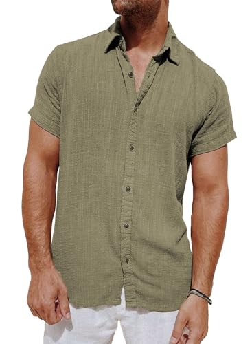 Meilicloth Leinenhemd Herren Hemd Kurzarm Button Down Hemd Herren Sommer Hemden Freizeithemden Männer Regular Fit Shirt Grün 2XL von Meilicloth