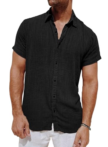 Meilicloth Herren Leinenhemd Kurzarm Hemd Sommer Hemden Freizeithemden Männer Regular Fit Button Down Shirt Schwarz 2XL von Meilicloth