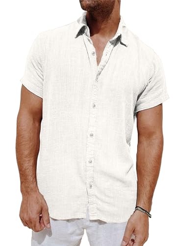 Meilicloth Leinenhemd Herren Hemd Kurzarm Sommer Hemden Freizeithemden Männer Regular Fit Button Down Shirt Weiß Small von Meilicloth