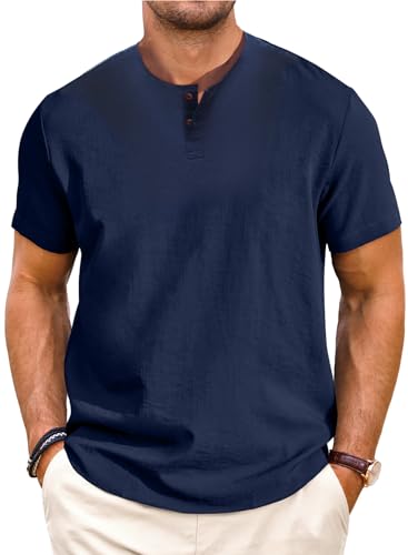 Meilicloth Henley Shirt Leinen Herren Sommer Hemd Kurzarm Leinenhemd T Shirt für Herren Hemd Leinen Freizeithemd Kurz Leichte Casual Strand Oberteil Herren Sommer Mode Sommerhemd Marineblau XL von Meilicloth