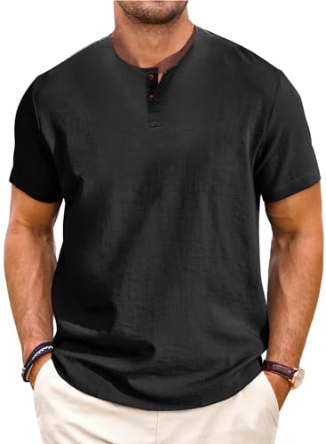 Meilicloth Leinenhemd Herren Kurzarm Sommer Herren Henley Shirt Leinen Freizeithemd Kurz T Shirt für Herren Kurzarmhemd Sommerhemd Oberteil Herren kurzärmliges Hemd Casual Strand Hawaii Schwarz XXL von Meilicloth
