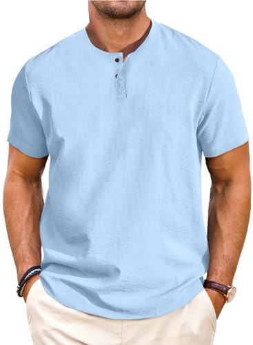 Meilicloth Henley Shirt Herren Leinen Kurzarm Leinenhemd Herren Sommerhemd T Shirt für Herren Leinen Strand Freizeithemd Kurz Sommer Casual Shirt Hawaii Hemd Männer Kurzärmliges Blau M von Meilicloth