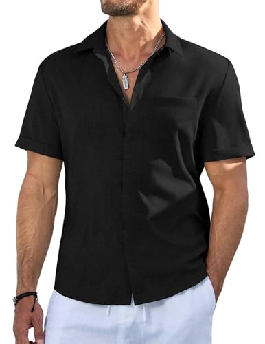 Meilicloth Leinenhemd Herren Kurzarm Hemd Button Down Regular Fit Freizeithemden Sommer Strand Leinen Shirt Schwarz L von Meilicloth