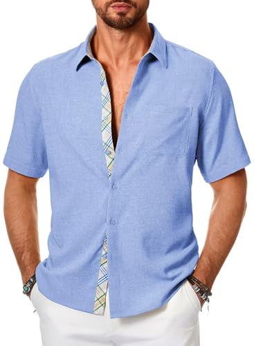 Meilicloth Leinenhemd Herren Kurzarm Hemd Sommerhemd Strandhemd Herren Freizeithemd Kurz Strand Shirt Leinen Casual Kurzarmhemd Mode Sommer Hemden Regular Fit A Himmelblau XL von Meilicloth
