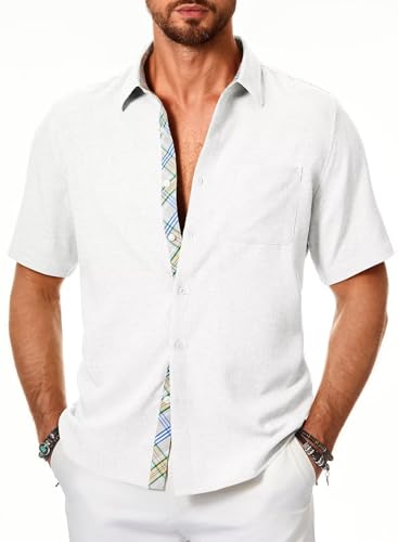 Meilicloth Leinenhemd Herren Kurzarm Sommerhemd Strandhemd Herren Hawaii Hemd Männer Freizeithemd Kurz Strand Shirt Leinen Casual Kurzarmhemd Mode Sommer Hemden Regular Fit A Weiß XL von Meilicloth