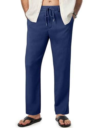 Meilicloth Leinenhose Herren Hose Leicht Sommerhose Lang Herren Freizeithose Leinen Hosen für Männer Einfarbig Strandhose Baggy Yogahose Sommer Marineblau 42 von Meilicloth
