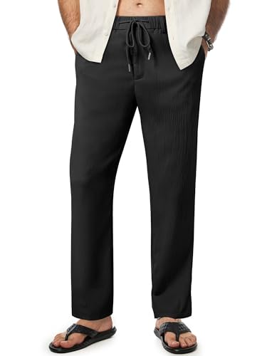 Meilicloth Leinenhose Herren Hose Leichte Sommerhose Herren Freizeithose Lang Leinen Hosen für Männer Einfarbig Strandhose Baggy Yogahose Sommer Schwarz 38 von Meilicloth