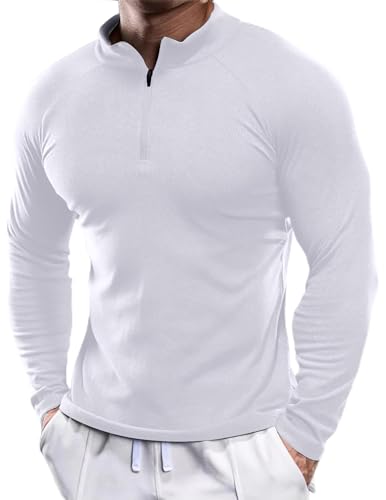 Meilicloth Longsleeve Herren Muscle Shirt Langarm Casual Basic Long T-Shirt Männer mit Knopfleiste Slim Fit Gym Sport Baumwolle Freizeit Weiß S von Meilicloth