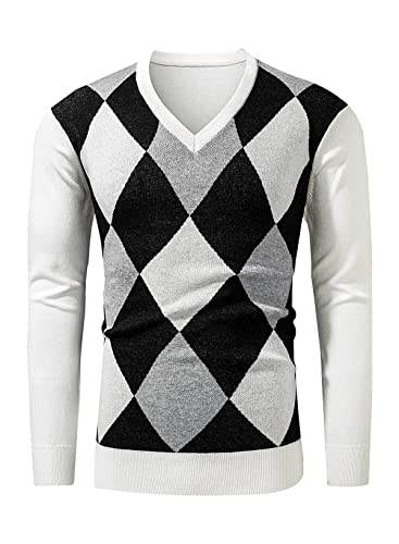 Meilicloth Pullover Herren V Ausschnitt Argyle Casual Schwarz Weiß XXL von Meilicloth