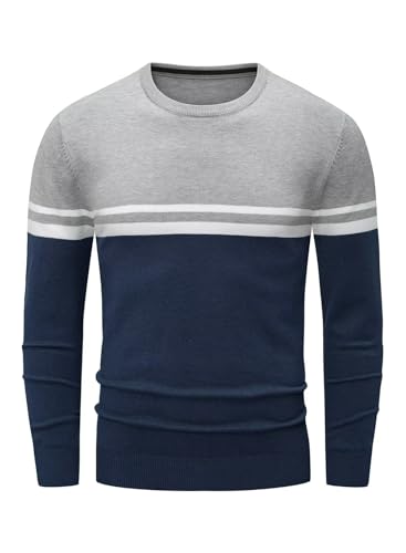 Meilicloth Pullover Herren Winter Strickpullover Gestreifter Kontrast Rundhalsausschnitt Feinstrick Pullover Warm Wollpullover Freizeitpullover Winterpullover Männer Langarmshirt Slim Fit Grau-11 XL von Meilicloth