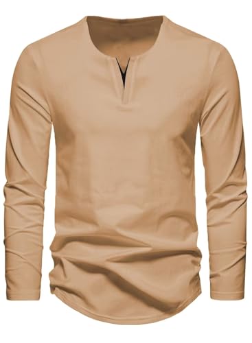 Meilicloth T-Shirts für Herren Langarm V Ausschnitt Herren Oberteile Longsleeve Baumwolle Muscle Shirt Herren Freizeit Basic Sweatshirt Herbst Winter Warm A Hellbeige XXL von Meilicloth