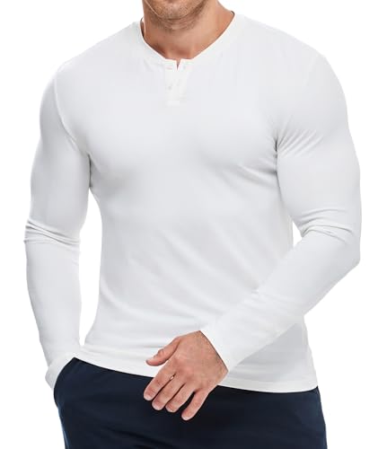 Meilicloth Weiße Tshirts Henley Shirt Herren Langarm Casual Basic Long T-Shirt Männer mit Knopfleiste Slim Fit Gym Sport Baumwolle Freizeit L von Meilicloth