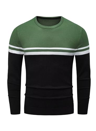 Meilicloth Winterpullover Herren Pullover Winter Rundhalsausschnitt Gestreifter Kontrast Pullover Basic Strickpullover Freizeitpullover Fleecepullover Sweatshirt Männer Slim Fit Grün XL von Meilicloth