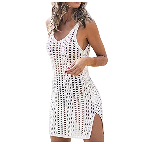 Meilily Damen Strandkleid Bikini Cover Up Strandkleider Crochet Stricken Strandponcho Sommerkleid Strand Bademode Bluse Badeanzug Häkeln Hemdkleid Tunika Schwarz und Weiß Spleißen von Meilily