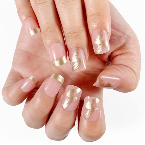 Glänzende Nägel zum Aufdrücken, goldfarben, französische Spitzen, kurz, quadratisch, vollständige Abdeckung, zum Aufkleben auf Nägel für stilvolle Frauen, 24 Stück Glänzende Nägel zum Aufdrücken, goldfarben, französische Spitzen, kurz, quadratisch, vollständige Abdeckung, zum Aufkleben auf Nägel für stilvolle Frauen, 24 Stück von Meiliyizu