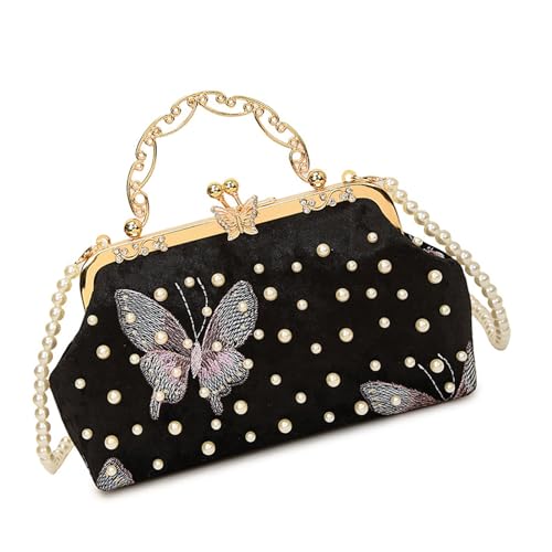 Meiliyizu Einzigartige Abendtasche mit Perlen und Kette, Schultergurt, Abschlussball, Handtasche, Crossbody-Tasche, Damen-Accessoire für Hochzeit, Party, Damen, Schmetterlings-Stickerei von Meiliyizu