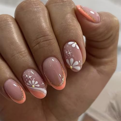 Modische Mandel-Nägel zum Aufdrücken, 24-teiliges Set mit französischen Spitzen und Blumen-Designs, zum Aufkleben auf Nägel für Damen, einfache Anwendung Modische Mandel-Nägel zum Aufdrücken, 24-teiliges Set mit französischen Spitzen und Blumen-Designs, zum Aufkleben auf Nägel für Damen, einfache Anwendung von Meiliyizu