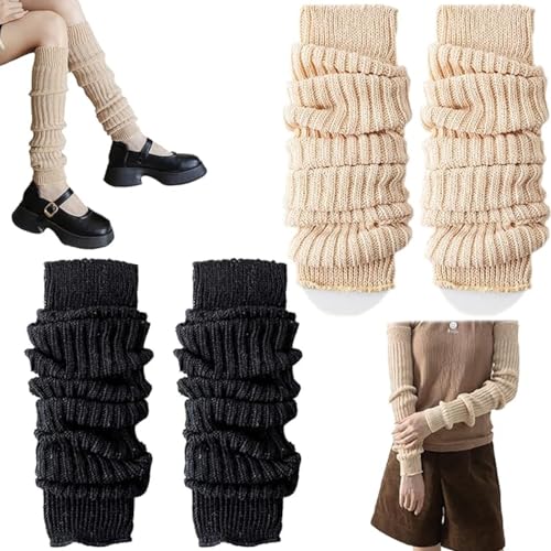 Mein HERZ Winter Stulpen Damen,2 Paare Legwarmers Damen Beinwärmer Häkelarbeit Gestrickte Leg Damen Winter Strick Fußwärmer Woll-Beinwärmer Für Damen für Winter, Frühling und Herbst (Schwarz+Khaki) von Mein HERZ