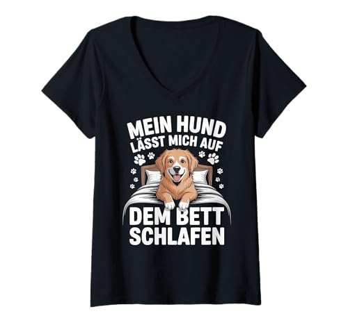 Damen Golden Retriever Hund Spruch T-Shirt mit V-Ausschnitt Damen Golden Retriever Hund Spruch T-Shirt mit V-Ausschnitt von Mein Hund lässt mich auf dem Bett schlafen