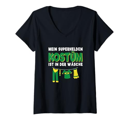 Damen Mein Superheldenkostüm ist im Wäschekarneval T-Shirt mit V-Ausschnitt von Mein Superhelden Kostüm ist in der Wäsche Fasching
