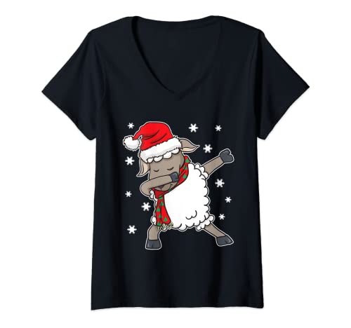 Damen Weißes Schaf Dabbing Tanz Schneeflocken Weihnachten T-Shirt mit V-Ausschnitt von Mein Winter Schnee Shop
