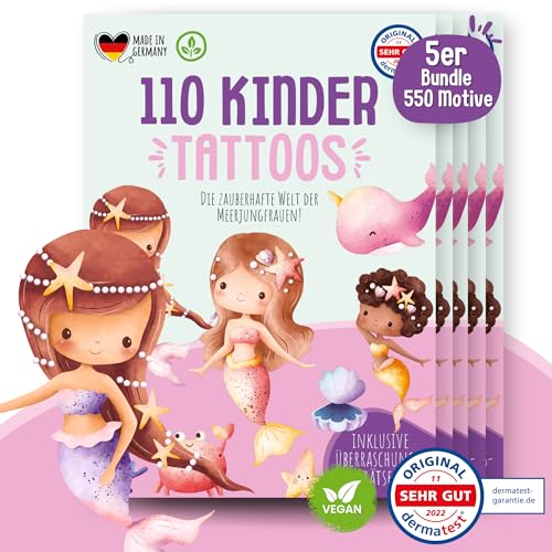 MeinBaby123® 550 hautfreundliche Meerjungfrauen Tattoos | Hauttattoos für Mädchen | Meerjungfrauen Tattoos | Mitgebsel Kindergeburtstag Mädchen - vegan & made in Germany (5er Set Meerjungfrauen) von MeinBaby123