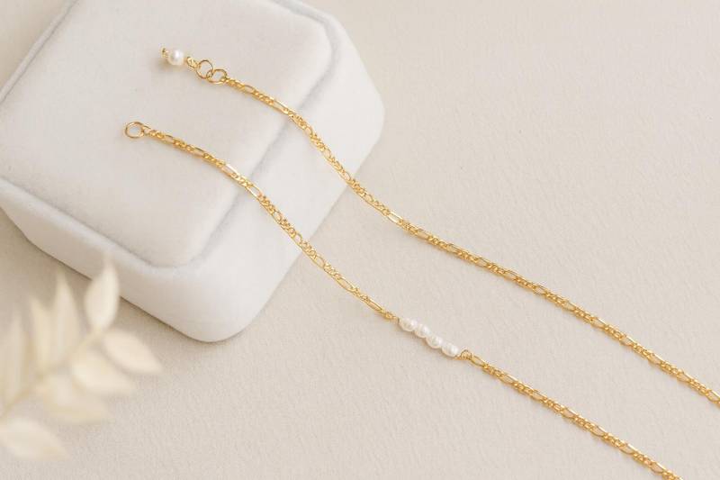 Perlenarmband Figaro Kette Süßwasserperlen Fein Schlicht Minimalistisch von MeinBrautschmuck