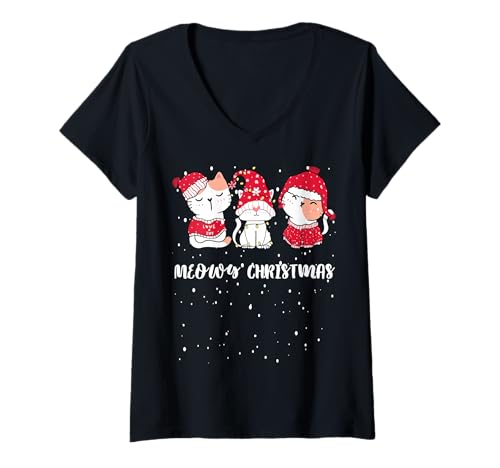 Damen Meowy Christmas - Niedliches Weihnachts-Kätzchen T-Shirt mit V-Ausschnitt von MeinShirt