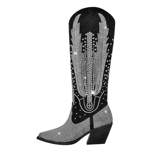 Meinabsatz Cowboy Stiefel Gothic Westernstiefel Glitzer Boots Western Absatz mit Flügelmuster Schwarz Silber 38 EU von Meinabsatz