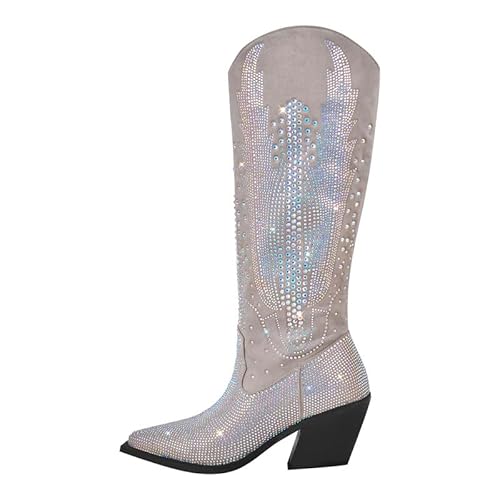 Meinabsatz Damen Cowboy Stiefel Gothic Westernboots Glitzer Booties Westernabsatz mit Flügelmuster Silber 46 EU von Meinabsatz