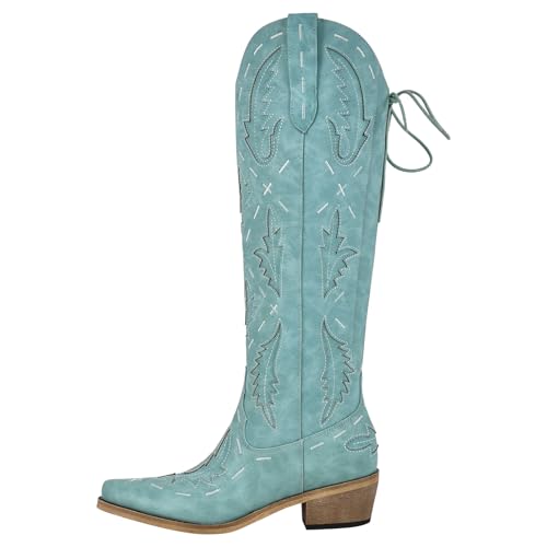 Meinabsatz Damen Cowboystiefel Schnürstiefeletten Westernstiefel Blockabsatz mit Lochmuster- Dekor Lace up Heeled Boots Türkisblau 46 EU von Meinabsatz