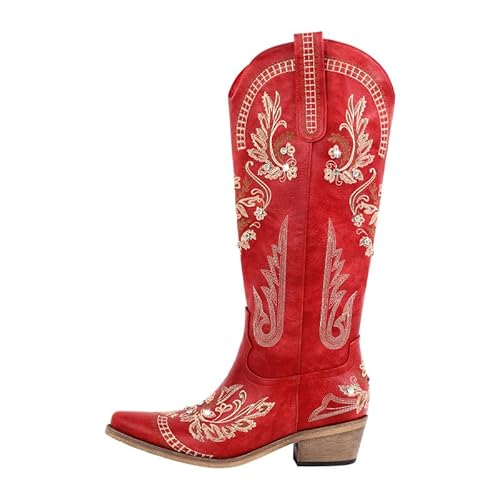 Meinabsatz Damen Cowboystiefel Western Boots Blockabsatz Snip Toe Kunstvolle Stickerei Strassdetails Rot 42 EU von Meinabsatz