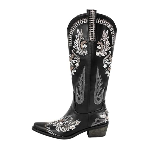Meinabsatz Damen Cowboystiefel Western Boots Blockabsatz Snip Toe Kunstvolle Stickerei Strassdetails Schwarz 42 EU von Meinabsatz