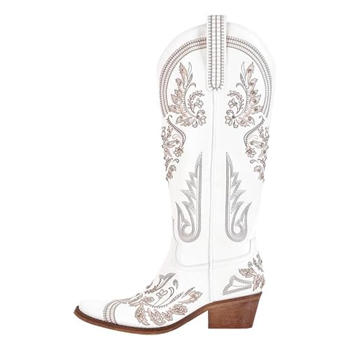 Meinabsatz Damen Cowboystiefel Western Boots Blockabsatz Snip Toe Kunstvolle Stickerei Strassdetails Weiß 39 EU von Meinabsatz