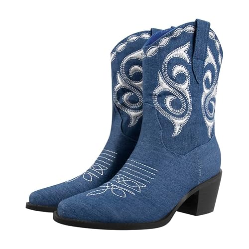 Meinabsatz Damen Cowboystiefel Western Chunky Boots Blockabsatz Snip Toe mit Stickerei Jeansoptik Dunkelblau 41 EU von Meinabsatz