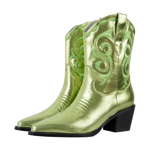 Meinabsatz Damen Cowboystiefel Western Chunky Boots Blockabsatz Snip Toe mit Stickerei Metallisch Grün 39 EU von Meinabsatz