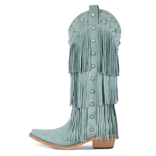 Meinabsatz Damen Cowboystiefel Westernstiefel Bohemian Style mit Fransen Gestapeltem Absatz Eckiger Schuhspitze Snip Toe Cowboy Boots Stiefel Türkis 45 EU Meinabsatz Damen Cowboystiefel Westernstiefel Bohemian Style mit Fransen Gestapeltem Absatz Eckiger Schuhspitze Snip Toe Cowboy Boots Stiefel Türkis 45 EU von Meinabsatz