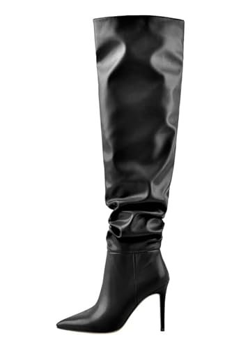 Meinabsatz Damen Klassische Stiefel Weitschaft Stiletto Spitze Overknees Zipper Boots Schlupfstiefel PU Schwarz 41 EU von Meinabsatz