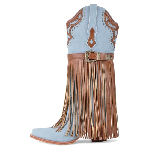 Meinabsatz Damen Nieten und Fransen Stiefel Cowboystiefel Westernstiefel Boots Blockabsatz Snip Toe Blau 40 EU Meinabsatz Damen Nieten und Fransen Stiefel Cowboystiefel Westernstiefel Boots Blockabsatz Snip Toe Blau 40 EU von Meinabsatz