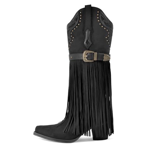 Meinabsatz Damen Nieten und Fransen Stiefel Cowboystiefel Westernstiefel Boots Blockabsatz Snip Toe Schwarz 38 EU von Meinabsatz